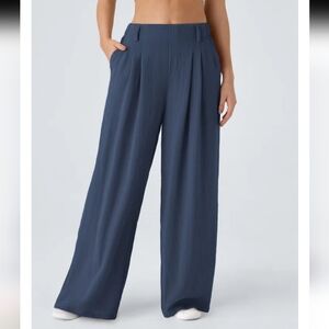 Halara HW Pocket Wide Leg Flowy Solid Palazzo Casual Linen-Feel Pants
